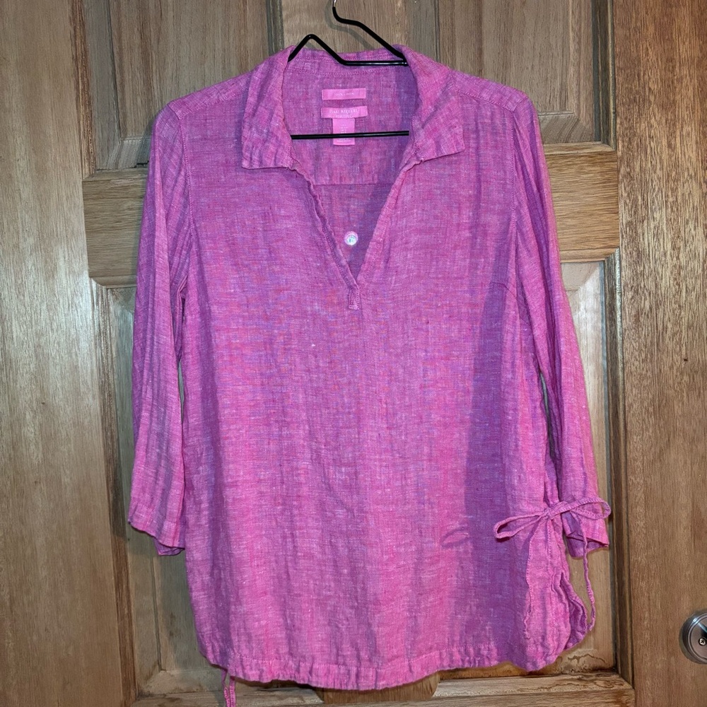 Isaac Mizrahi women’s Pink 3/4 Sleeve Polo Blouse 100% linen size S